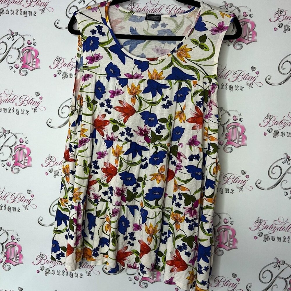 Clientele tank top flowers multi color Floral Sleeveless Top ruffle hem